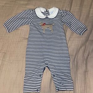 Little English Navy and White Striped Dog Appliqué Footie